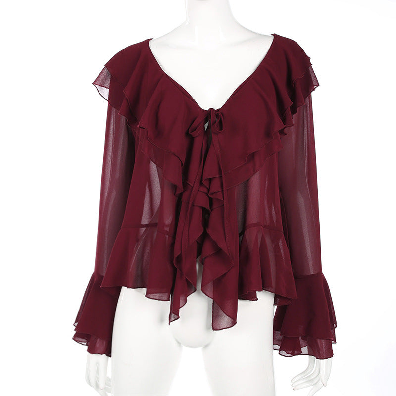 Ruffles V-neck Mesh Chiffon Patchwork Transparent Long Trumpet Sleeves Blouse