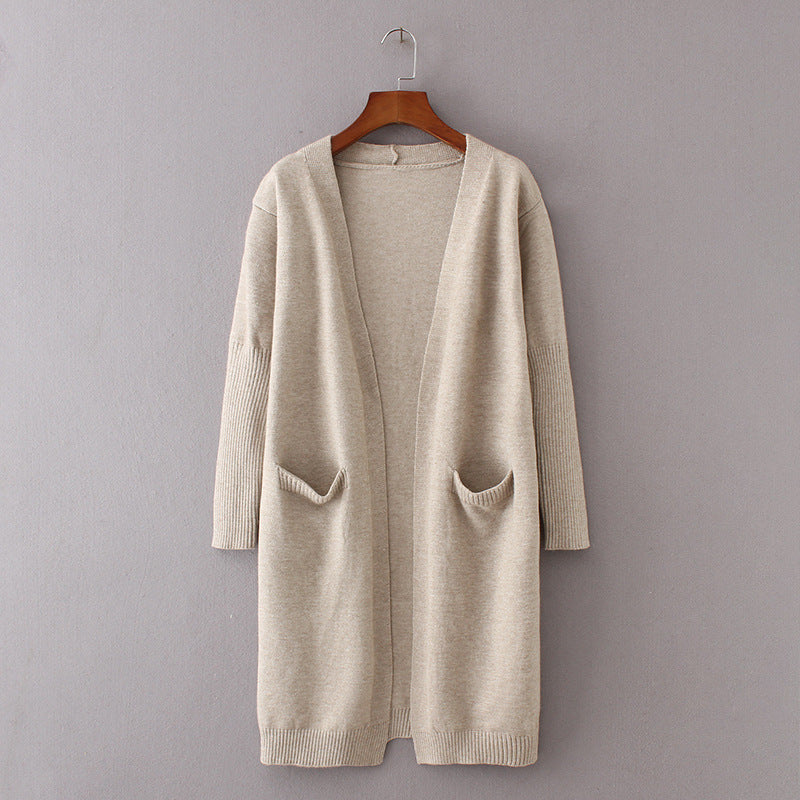 Solid Color Loose Pockets Long Women Cardigan Sweater