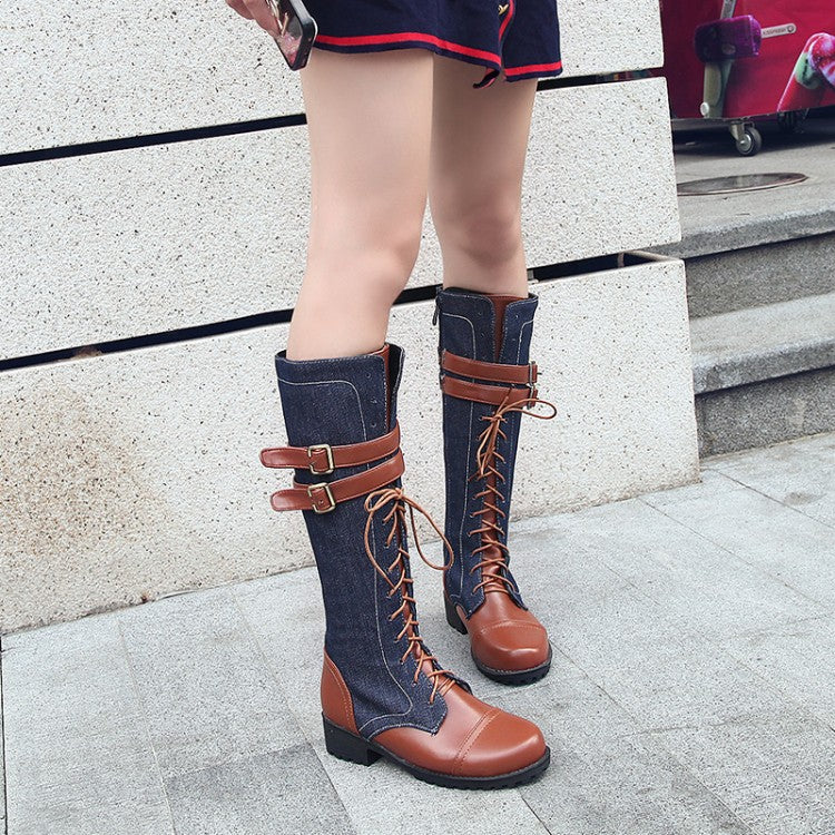 Round Toe Color Block Lace Up Low Chunky Heel Knee-length Boots