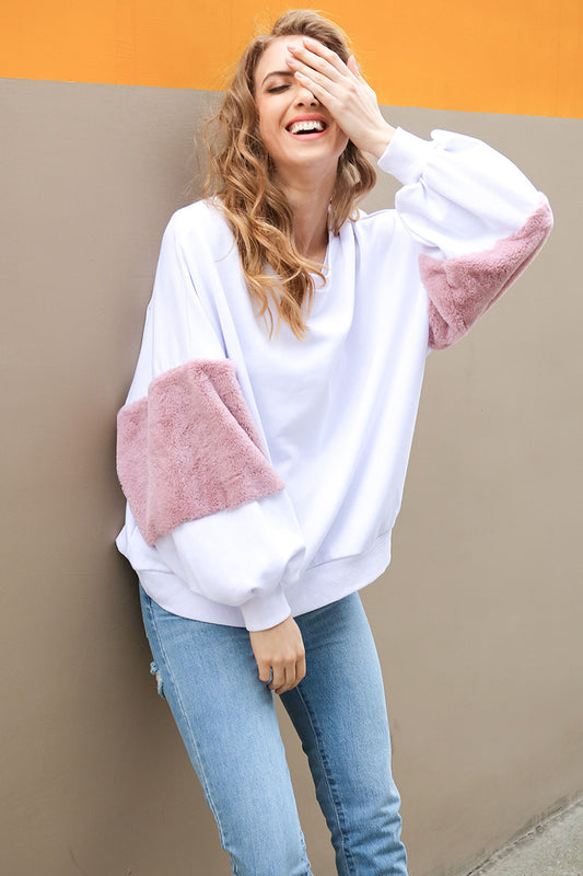 Patchwork Round Collar Long Sleeves Loose Sweatshirt