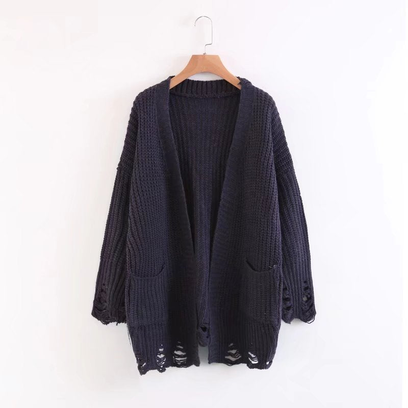 Cut Out Bagger Styles Pockets Loose Cardigan