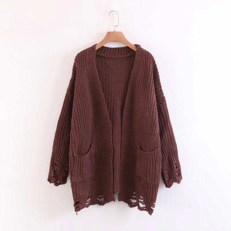 Cut Out Bagger Styles Pockets Loose Cardigan
