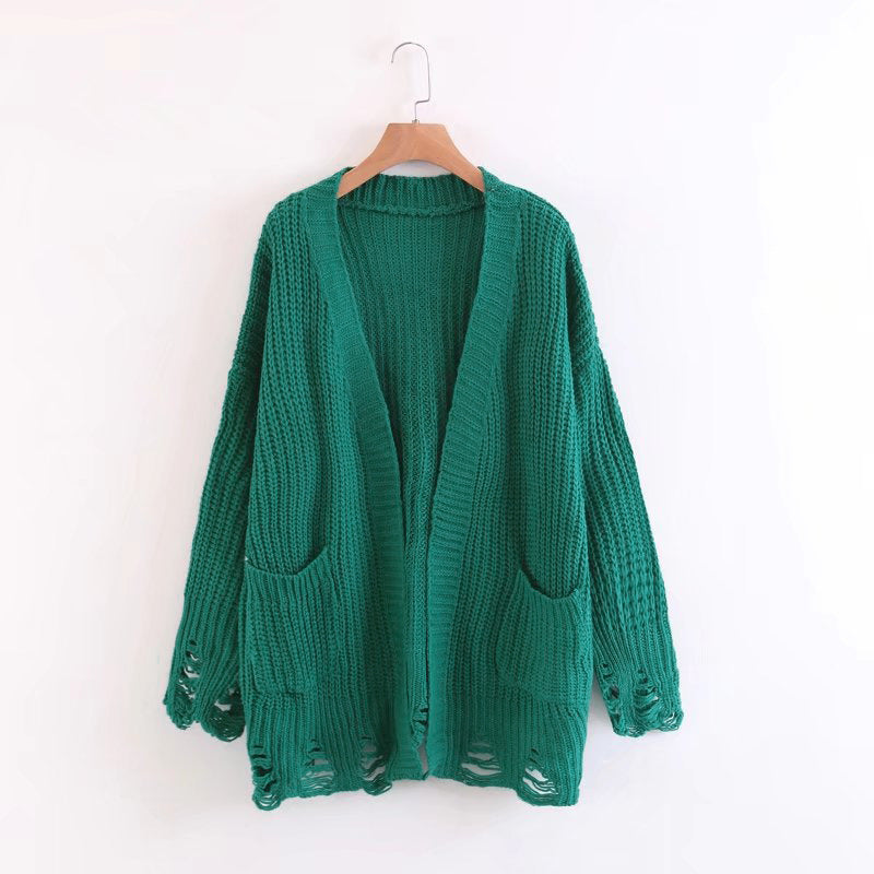 Cut Out Bagger Styles Pockets Loose Cardigan