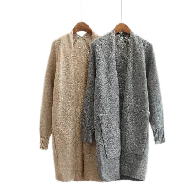 Loose Solid Color Pockets Open Long Cardigan