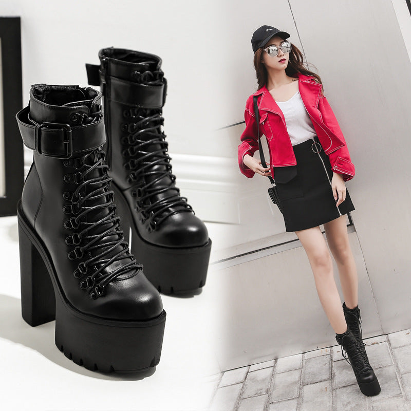 High Platform Lace Up High Chunky Heels Short Martin Boots