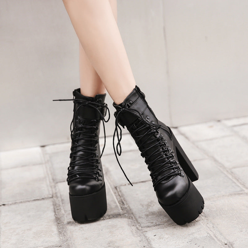 High Platform Lace Up High Chunky Heels Short Martin Boots