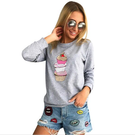 Ice Cream Print Solid Color Slim Sweatshirt