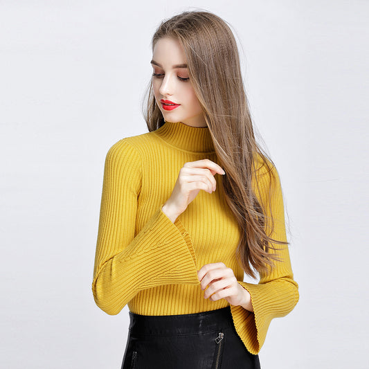 Turtlneck Solid Color Women Long Bell Sleeves Slim Sweater