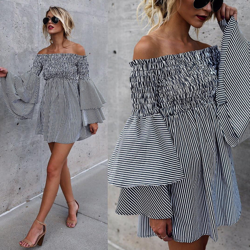 Off Shoulder Strapless Long Trumpet Sleeves Short Stripe Dress