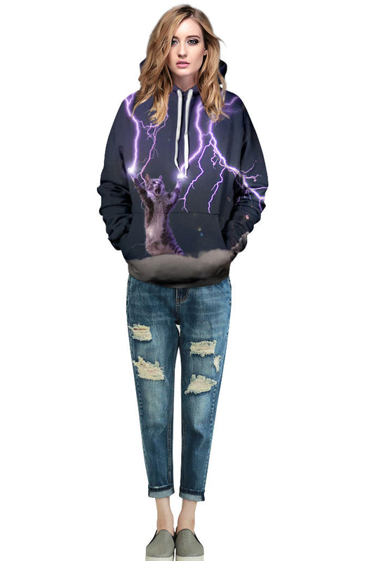 Galaxy Cat Print Drawstring Pocket Hoodie