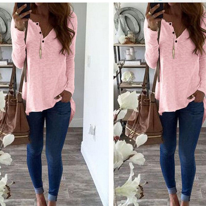 V-neck Buttons Pure Color Long Sleeves Irregular Blouse