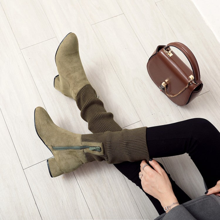 Patchwork Round Toe Low Chunky Heel Half Boots