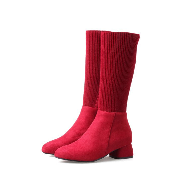Patchwork Round Toe Low Chunky Heel Half Boots
