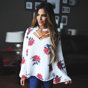 Flower Print Scoop Long Sleeves Loose Blouse