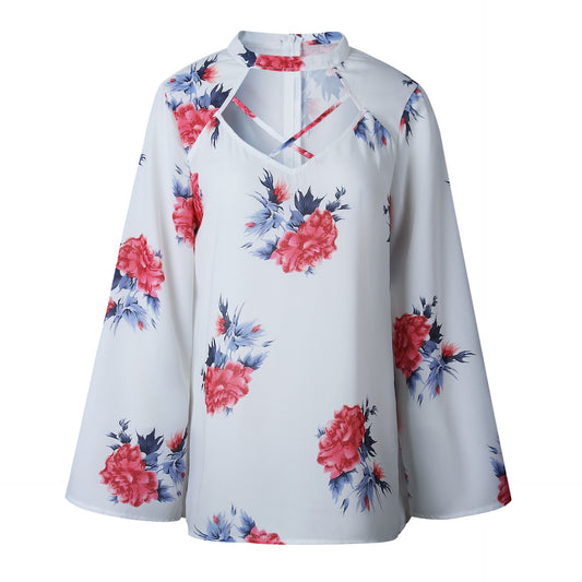 Flower Print Scoop Long Sleeves Loose Blouse