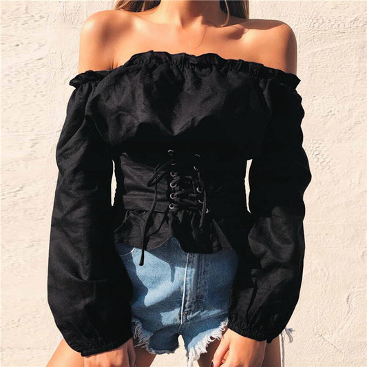 Lace-up Off Shoulder Slim Pure Color Long Lantern Sleeves Crop Top