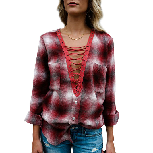 V-neck Plaid Straps Long Sleeves Loose Blouse