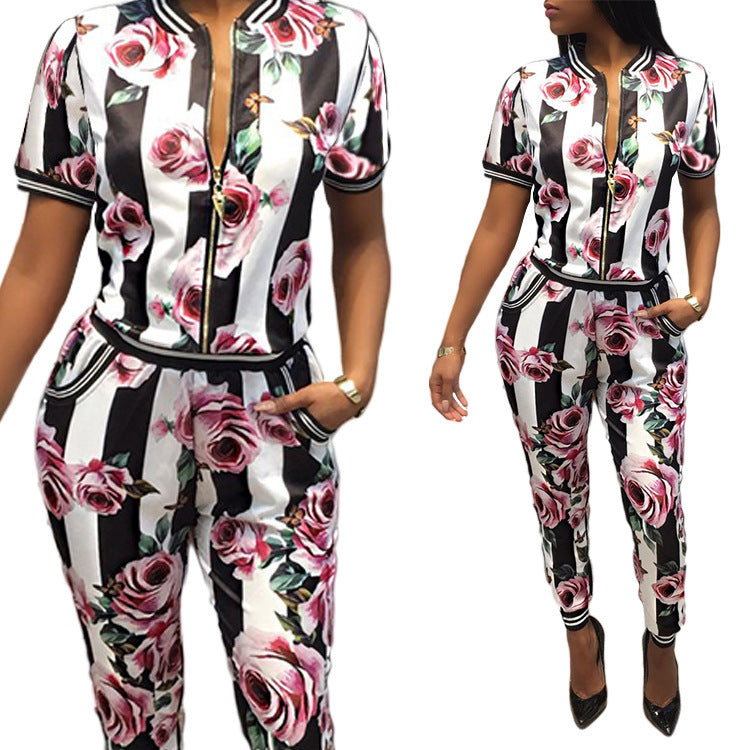 Print Front Zipper Blouse High Waist 9/10 Pencil Pants Two Pieces Set