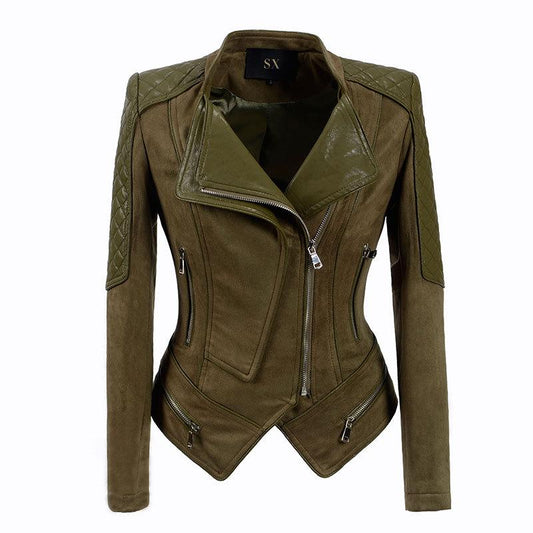 Slim Lapel Zipper Irregular Women Motocycle Jacket