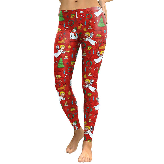 Colorful Christmas Print Women Skinny Red Legging