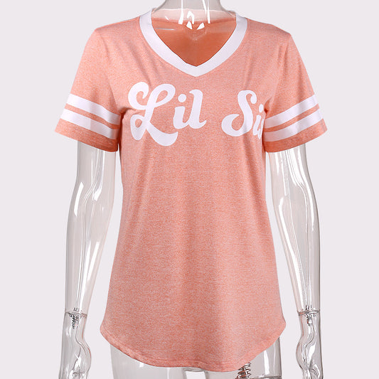 V-neck Letter Print Short Sleeves Patchwork T-shirt