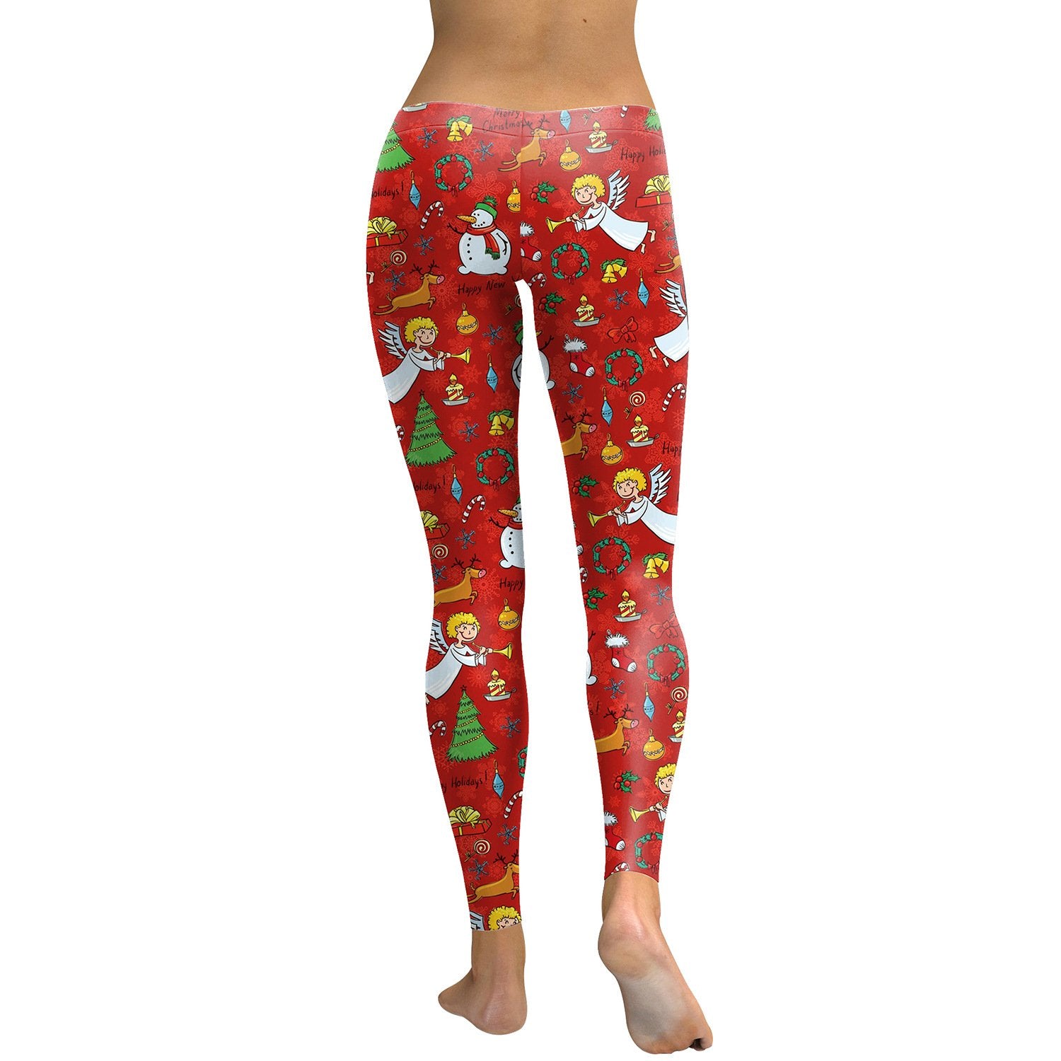 Colorful Christmas Print Women Skinny Red Legging