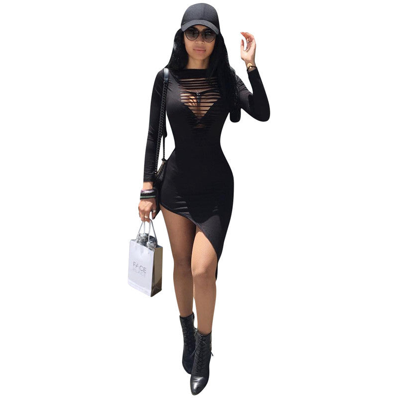 Cut Out Long Sleeves Irregular Short Little Black Dress
