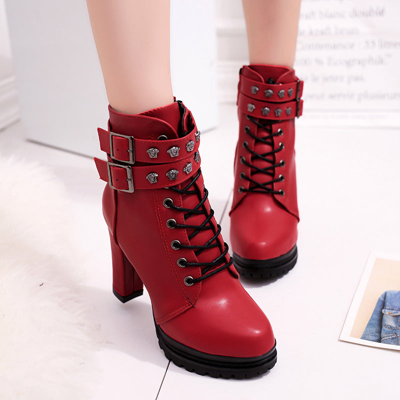 Rivets Hasp Straps Platform Lace Up High Chunky Heel Ankle Martin Boots