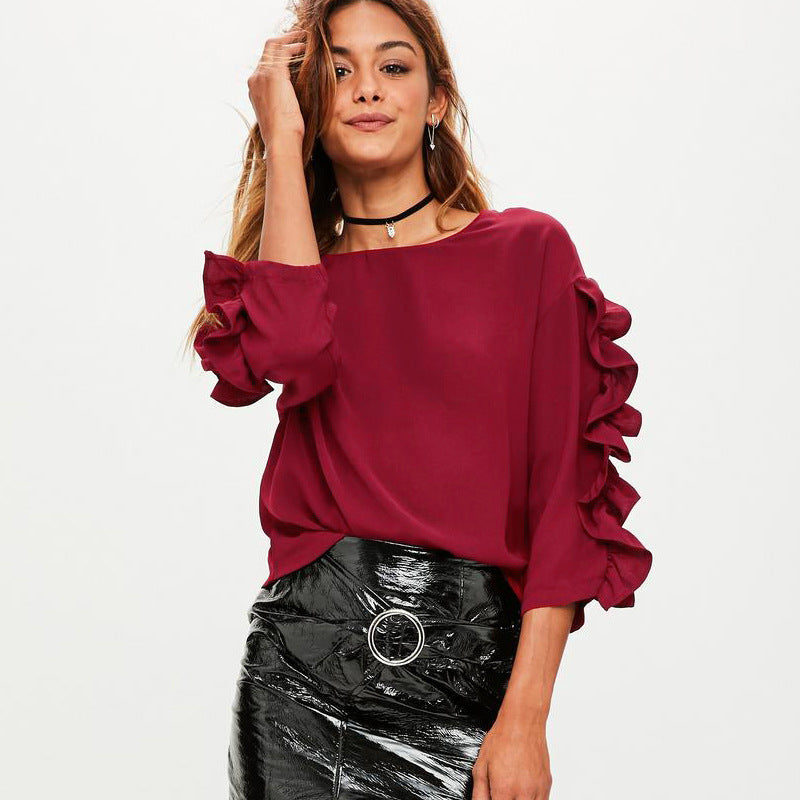 Ruffles Long Sleeves Loose Candy Color Blouse