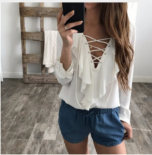 Straps V-neck Ruffles Long Sleeves Regular Blouse