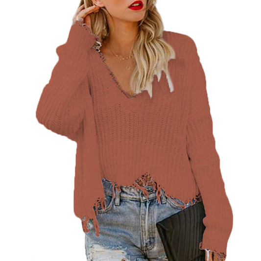 V-Neck Distressed Tassel Cropped Sweater