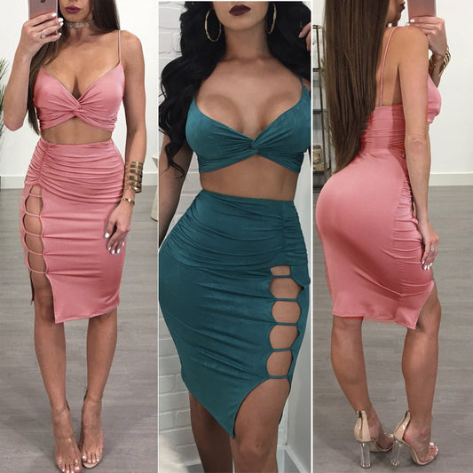 Spaghetti Straps Crop Top High Waist Hollow Out Knee Length Skirt Two Pieces Dress Set