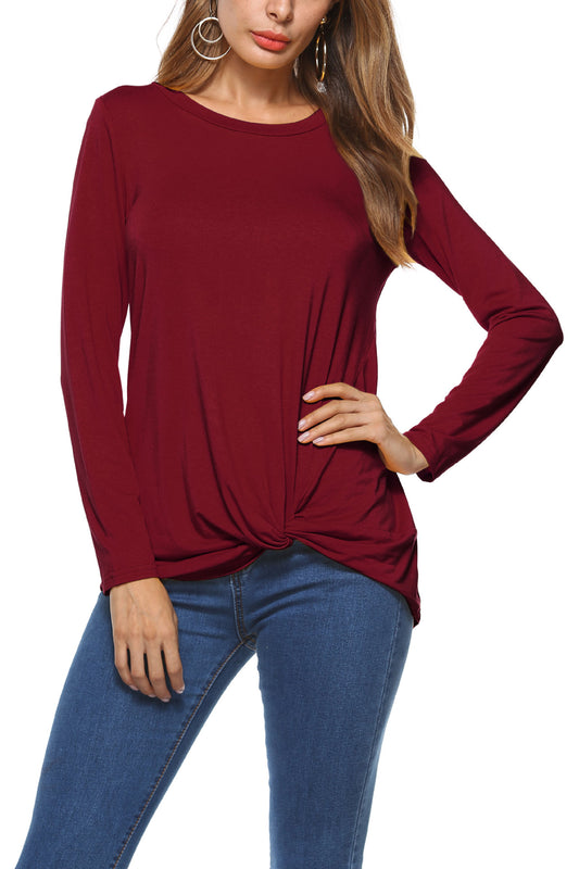 Pure Color Round Neck Irregular Loose Sleeve Blouse