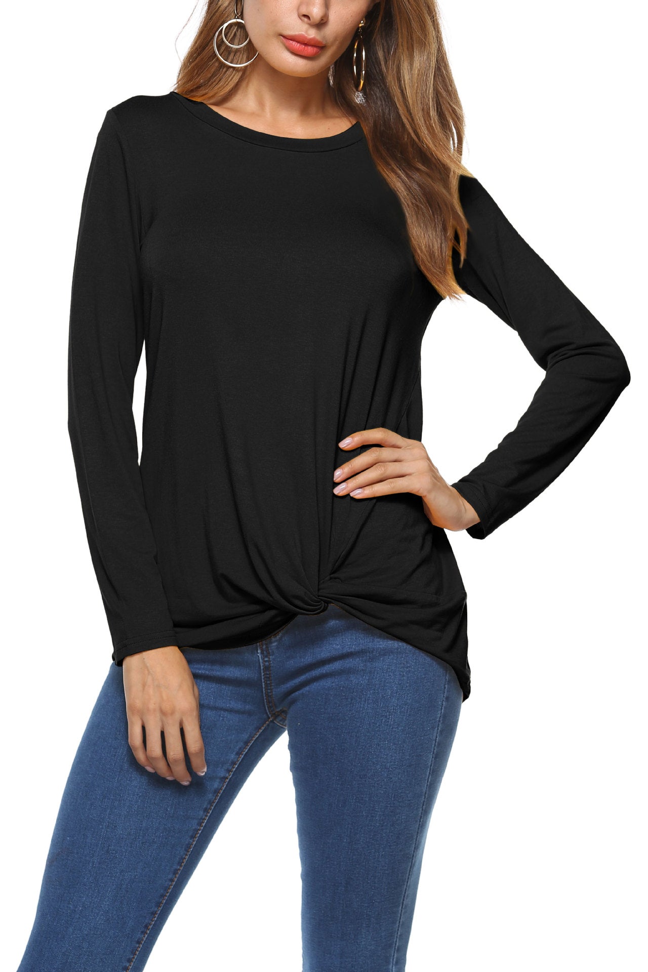 Pure Color Round Neck Irregular Loose Sleeve Blouse 