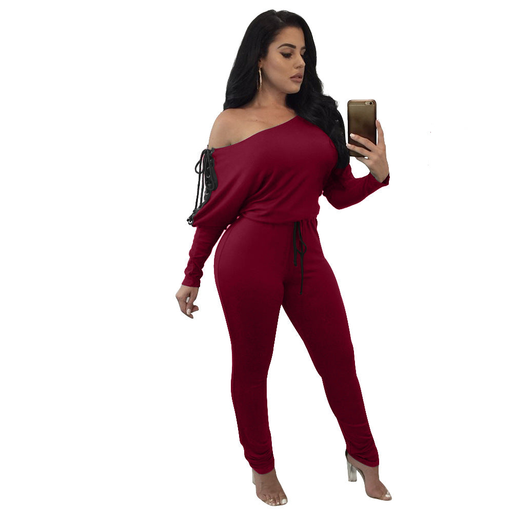 Off Shoulder Batwing Sleeves Lace Up Long Jumpsuits