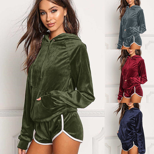 Pocket Hoodies Shorts Two Pieces Sports Set Outfits