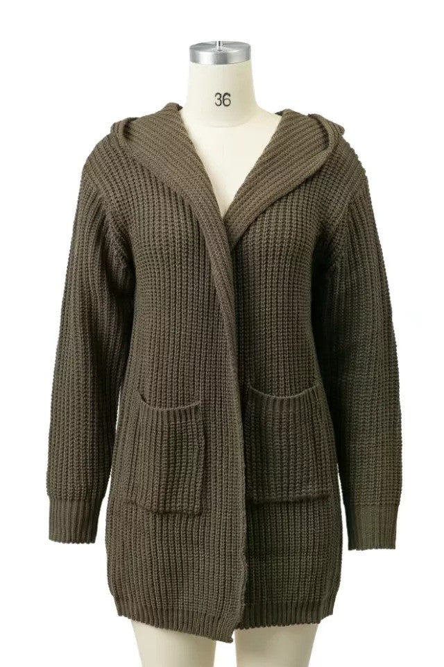 Loose Pure Color Pocket Hooded Long Loose Cardigan