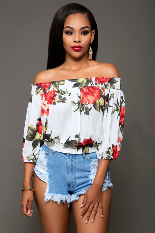 Off Shoulder Flower Print 3/4 Sleeves Short Blouse