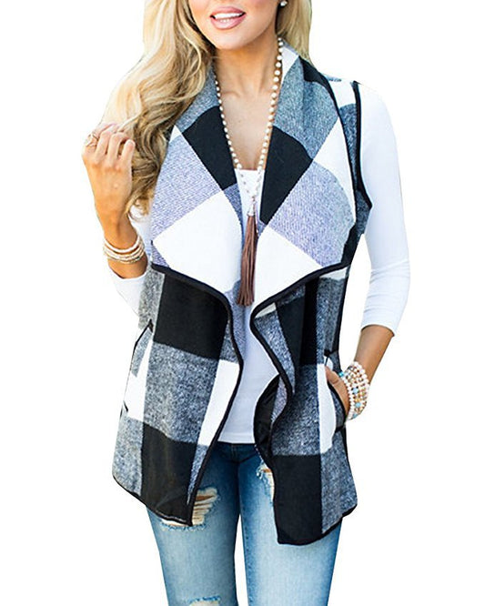 Plaid Ruffles Lapel Women Irregular Vest Coat