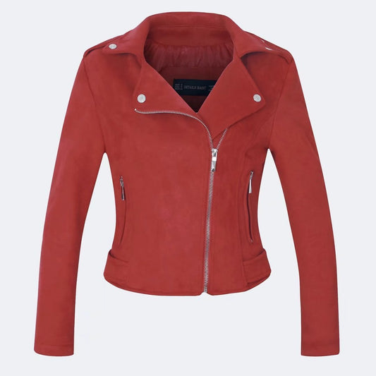 Solid Color Lapel Collar Oblique Zipper Women Slim Cropped Jacket Coat