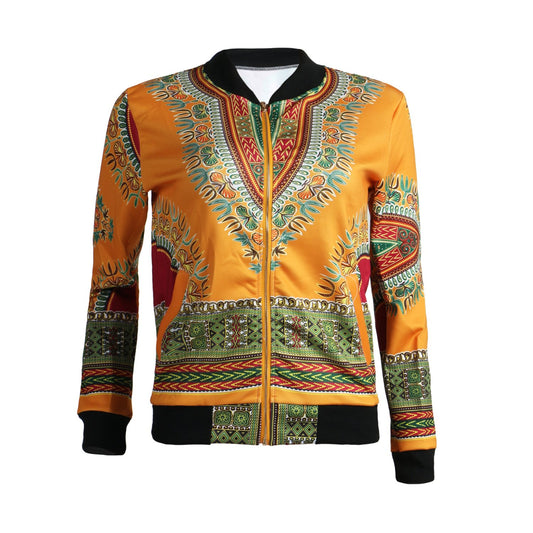 Stand Collar Retro Print Women Short Jacket Coat