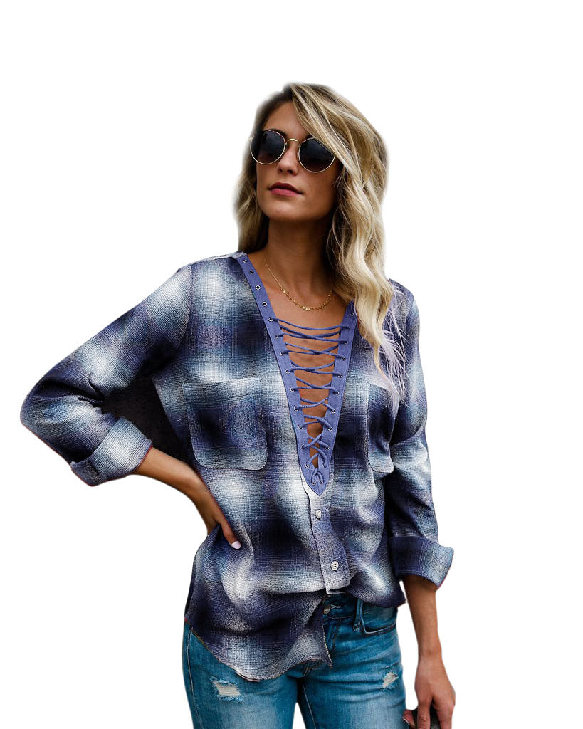 V-neck Plaid Straps Long Sleeves Loose Blouse