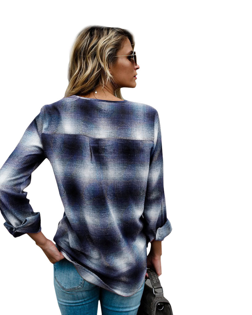 V-neck Plaid Straps Long Sleeves Loose Blouse