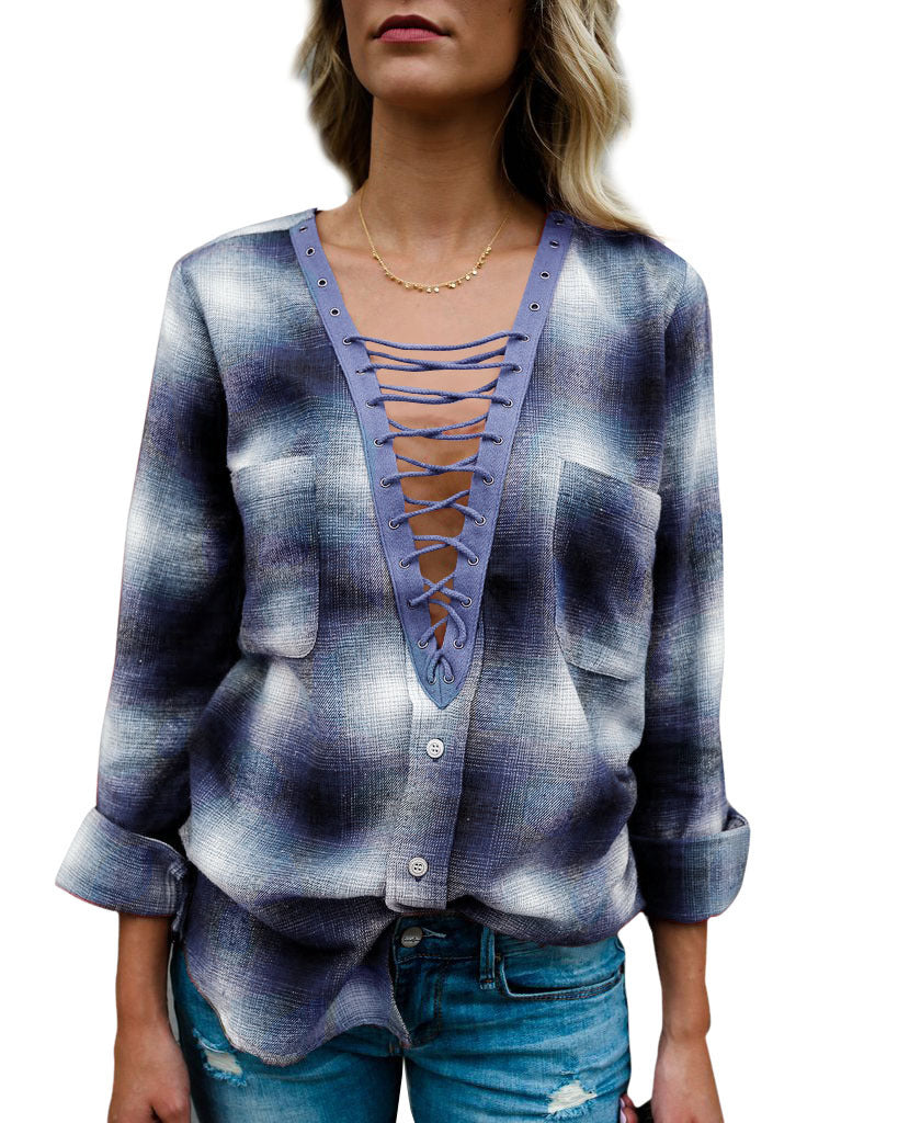 V-neck Plaid Straps Long Sleeves Loose Blouse