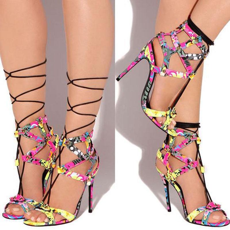 Flower Print Cutout Open Toe High Heel Sandals