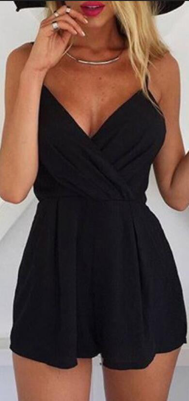 Black Spaghetti Strap Wrap Style Back Zipper Short Jumpsuit