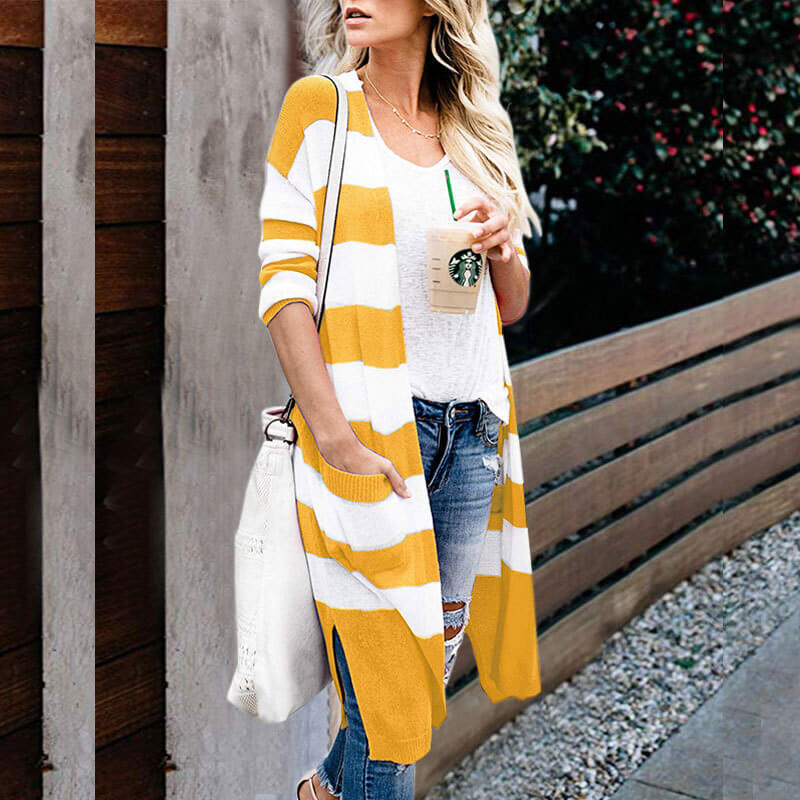 Striped Slits Long Cardigan