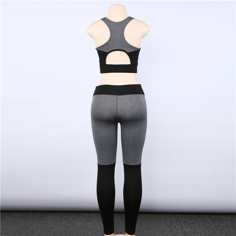 Patchwork Crop Top Long Skinny Leggings Women Two Pieces Yoga Sports Set