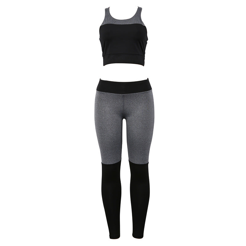 Patchwork Crop Top Long Skinny Leggings Women Two Pieces Yoga Sports Set