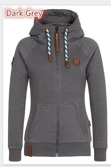 High Neck Zipper Drawstring Pocket Solid Color Slim Hoodie Coat